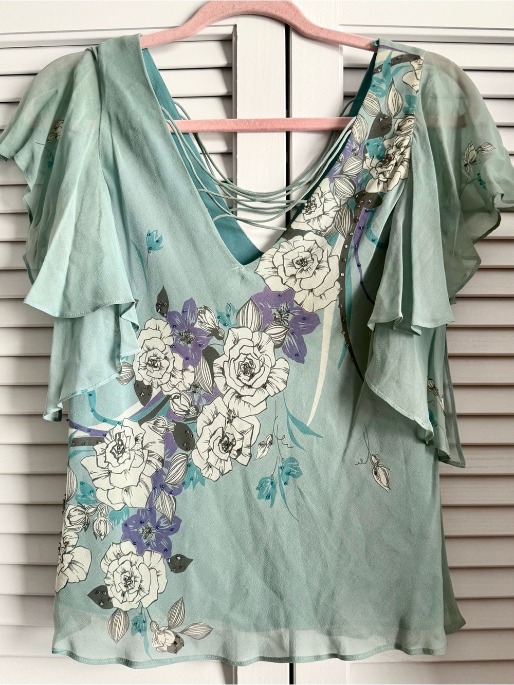 Floral Flutter Sleeve Silk V-Neck Top